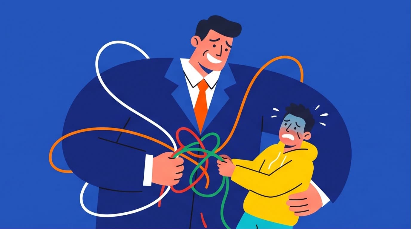 Illustration of enmeshed family dynamics, showing an adult child tangled with a parent, symbolizing the lack of personal boundaries.