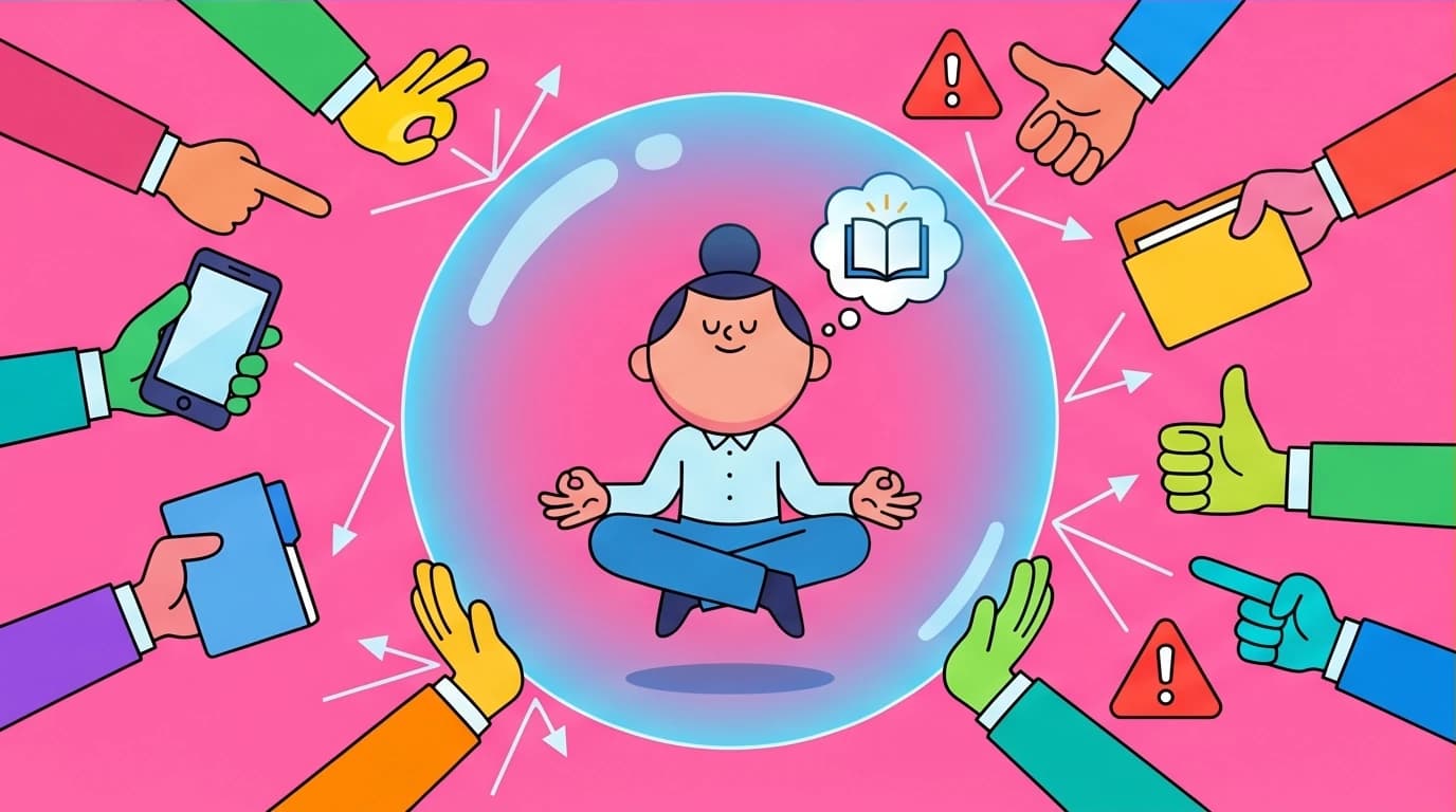 A person inside a protective bubble, ignoring workplace distractions. A guide on how to say no and manage your energy using Essentialism.