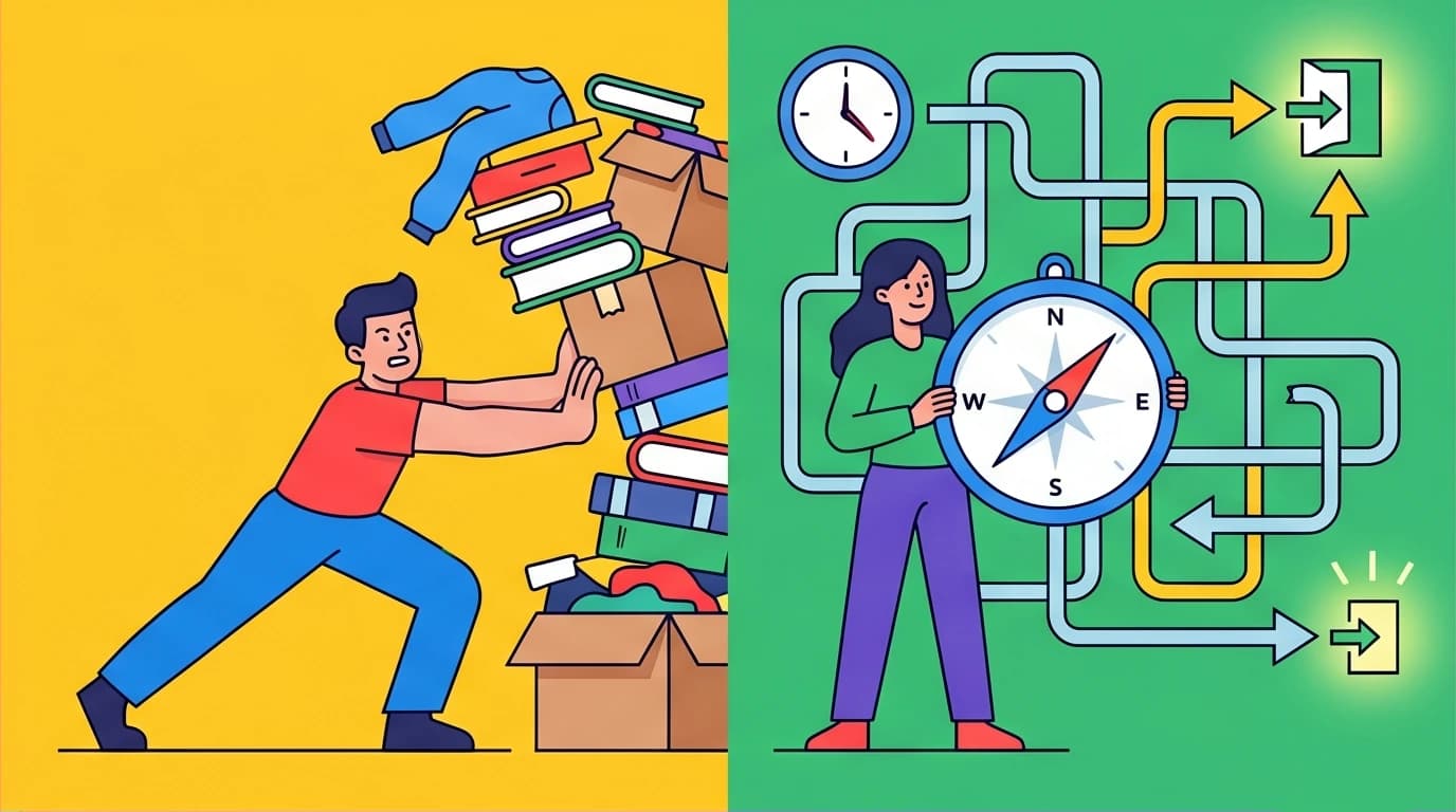 A visual comparison between Minimalism, which focuses on removing physical items, and Essentialism, which focuses on navigating abstract choices of time and energy.