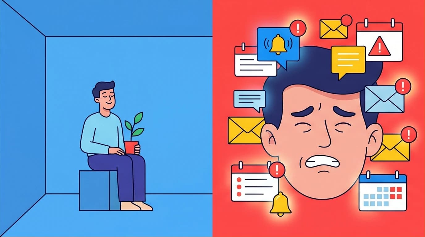 Illustration showing the difference between a physically decluttered room and a mentally cluttered mind, representing the anxiety Essentialism solves beyond Minimalism.