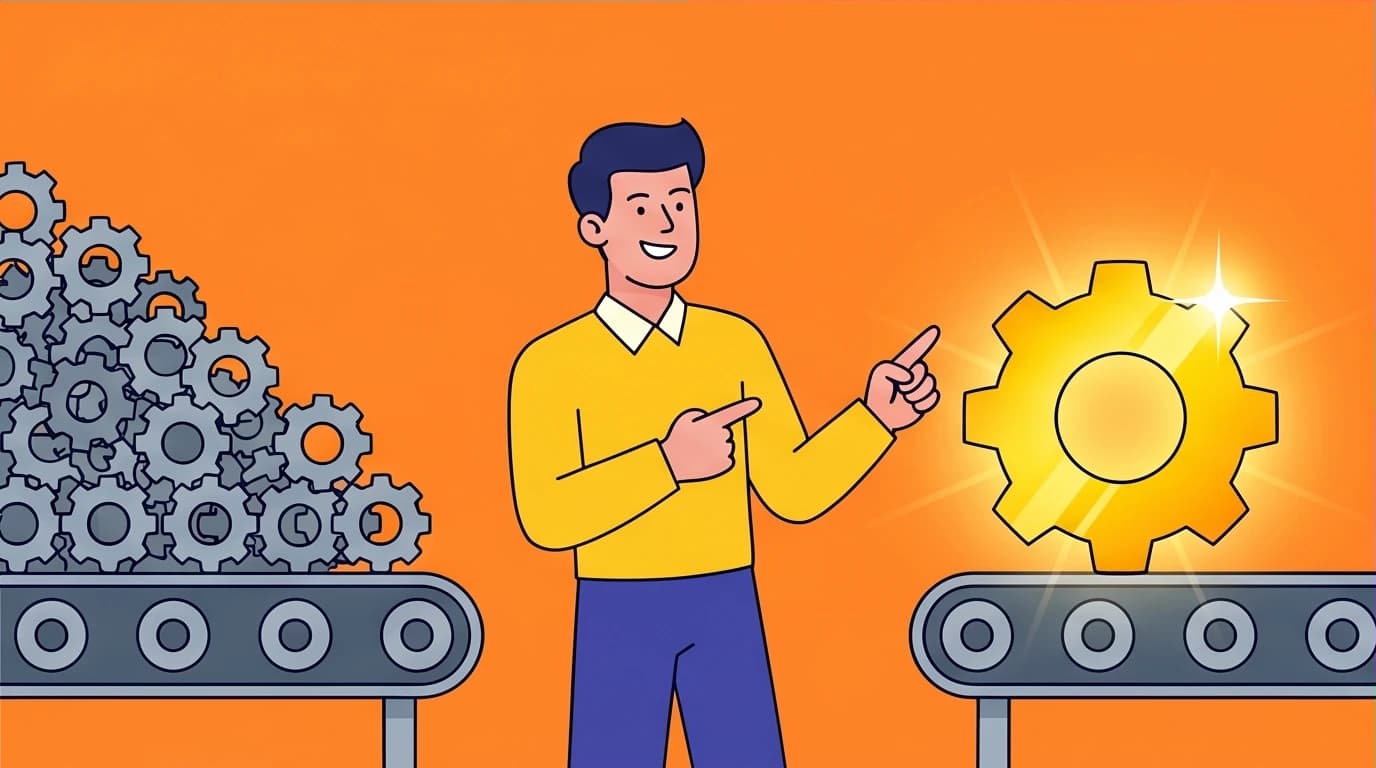 An illustration depicting the core difference between Essentialism and Minimalism: choosing quality over quantity, represented by a single golden gear versus many grey cogs.