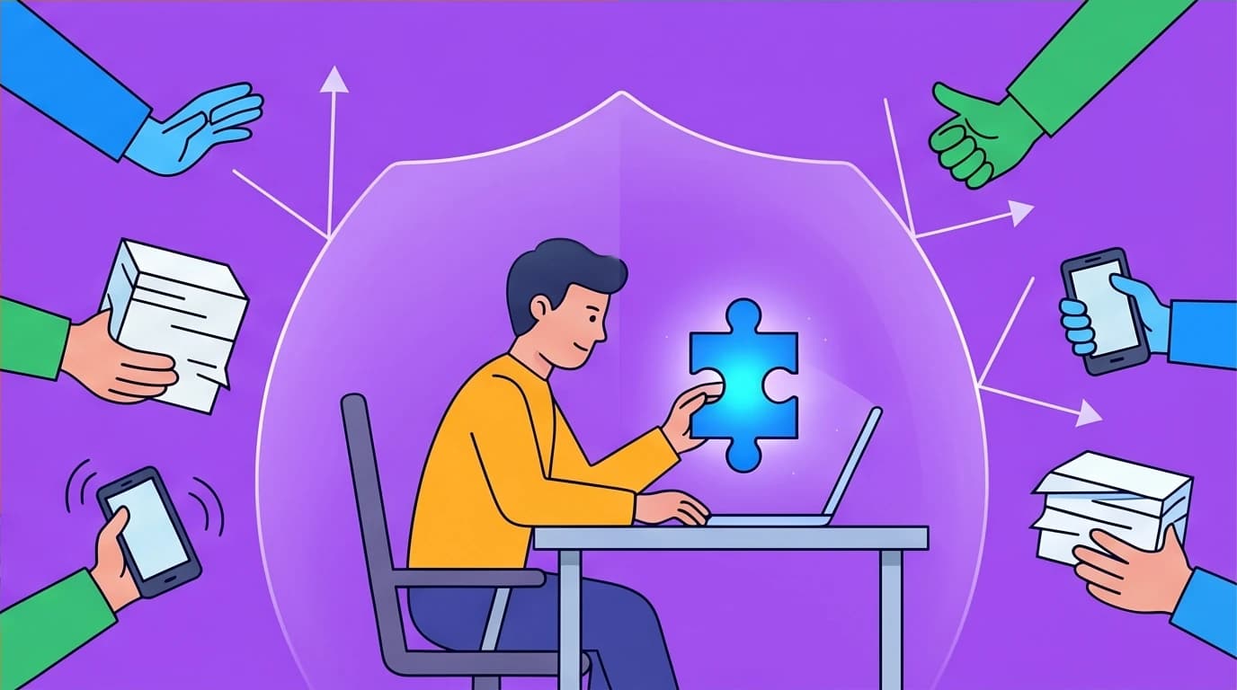 A person using a protective shield to say 'no' to distracting tasks, illustrating a key step in practicing Essentialism to maintain focus on what's important.