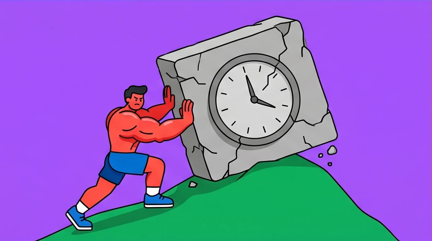 A character pushing a heavy block, symbolizing the adaptation challenge in the Fast Feast Repeat 28 day intermittent fasting schedule.