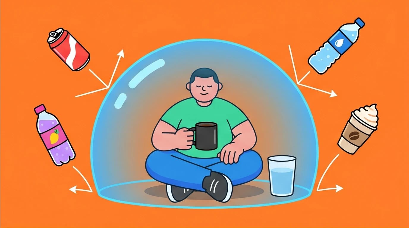 Illustration explaining the clean fast rule in the Fast Feast Repeat plan for beginners, with prohibited drinks bouncing off a protective shield.