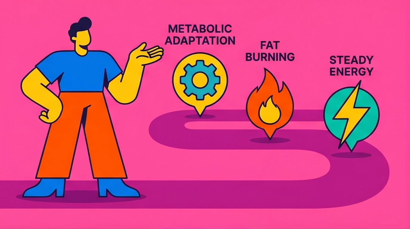 An illustration showing the long-term journey of Fast Feast Repeat results, with milestones for metabolic adaptation and sustainable fat loss.