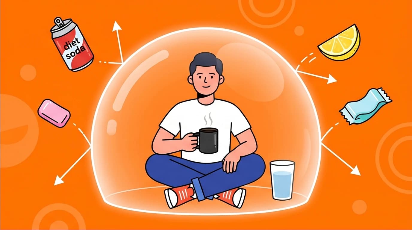 A character inside a shield protecting them from items that break a fast, illustrating the 'clean fast' rule for effective intermittent fasting and weight loss.