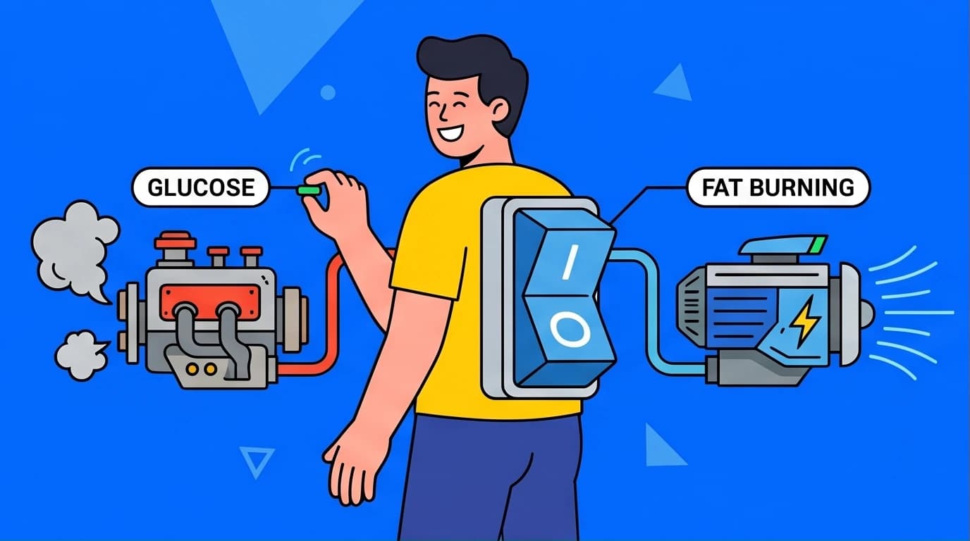 An illustration of a person switching their body's energy from glucose to fat burning, a core concept of intermittent fasting from Gin Stephens' Fast Feast Repeat.