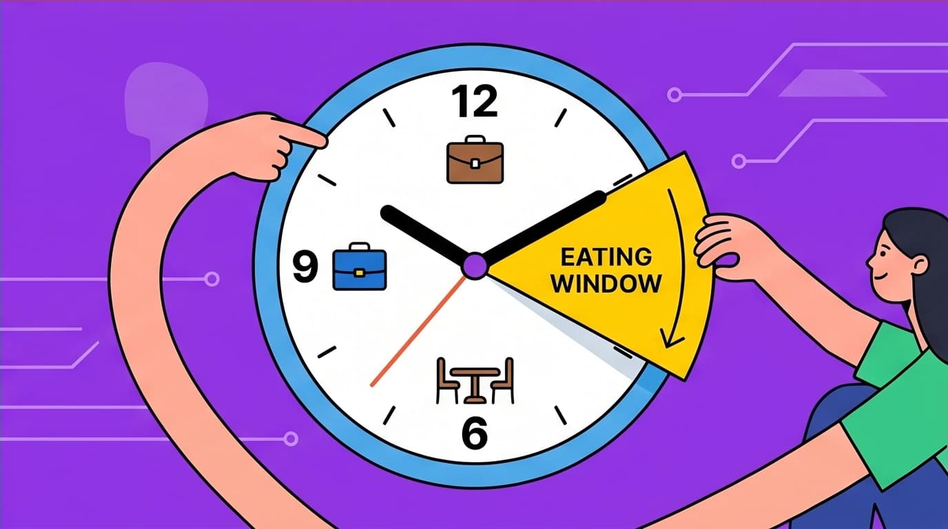 An illustration of a person adjusting a flexible intermittent fasting schedule on a clock, a key takeaway from Gin Stephens' Fast Feast Repeat for a sustainable lifestyle.