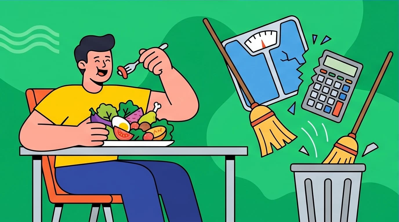 A character enjoying a guilt-free meal, representing the 'feast' phase of intermittent fasting without obsessive calorie counting, from the Fast Feast Repeat book.