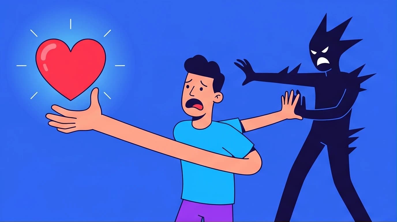 Illustration of a person pushing away a partner while reaching for love, symbolizing the inner conflict of fear of intimacy and avoidant attachment.