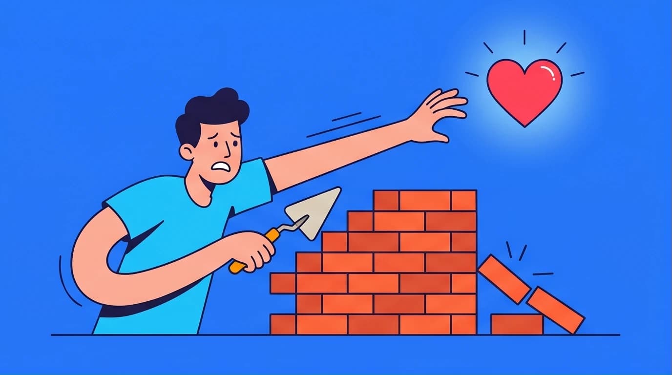 An illustration about Fear of Intimacy, showing a person wanting love but building a wall, representing relationship anxiety from Zhou Muzhi's book.