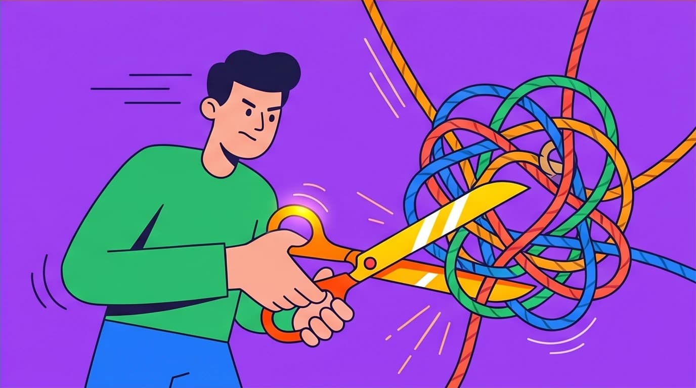 A character cutting a tangled rope with glowing scissors, symbolizing the healing process and breaking free from the cycle of relationship anxiety and fear of intimacy.