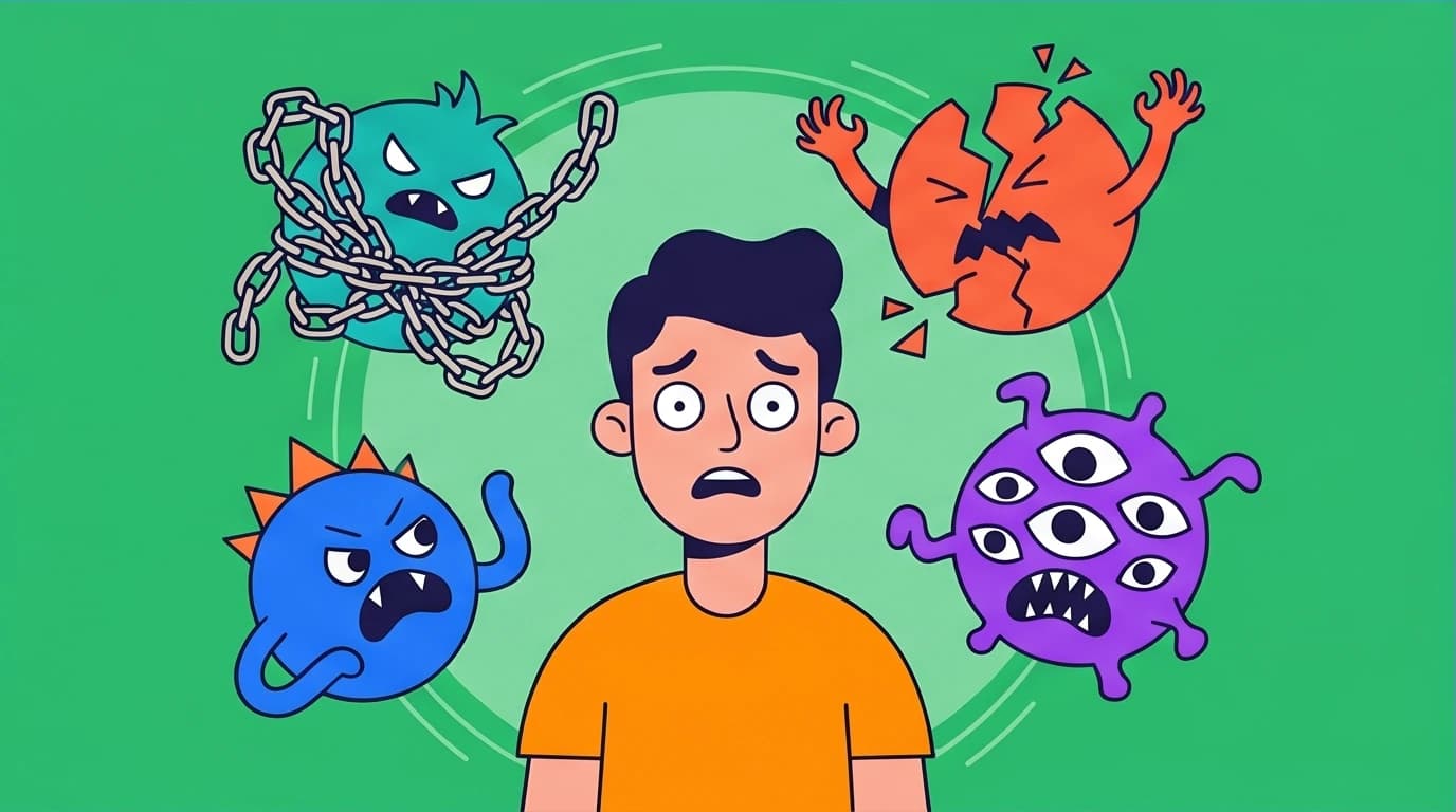 An illustration of the six types of fear of intimacy, showing a person surrounded by abstract monsters representing relationship anxieties like abandonment and control.