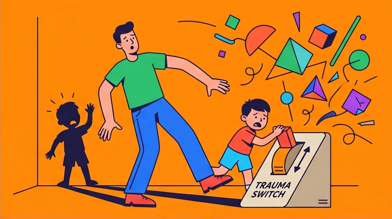 A visual metaphor for childhood trauma affecting adult relationships; an inner child flips a trauma switch, a key concept in overcoming the fear of intimacy.