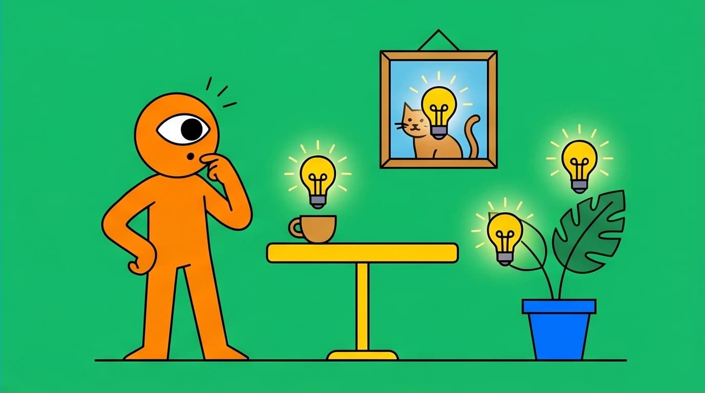 A person finds ice-breaking conversation topics by observing their environment, with idea icons glowing from objects around them, a key small talk skill.