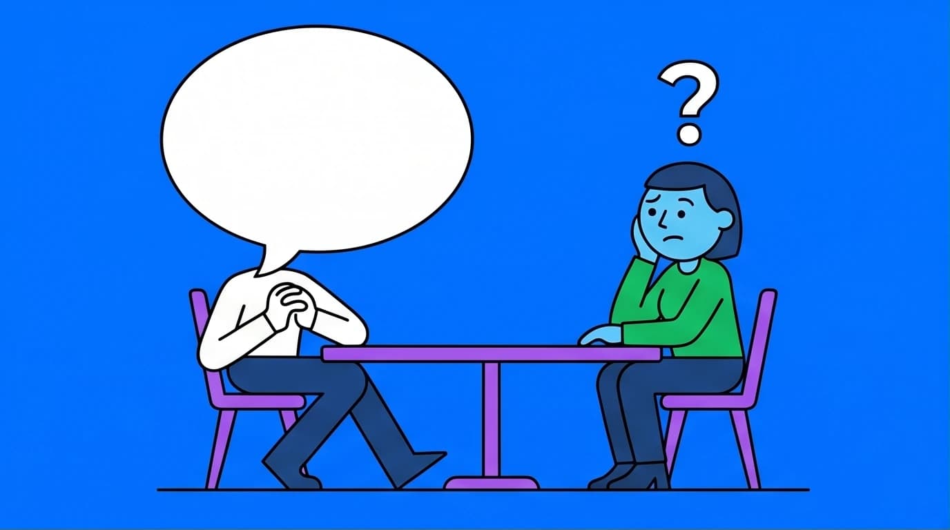 An illustration of a person with a blank speech bubble for a head, symbolizing the anxiety and awkward silence when trying to find conversation topics.