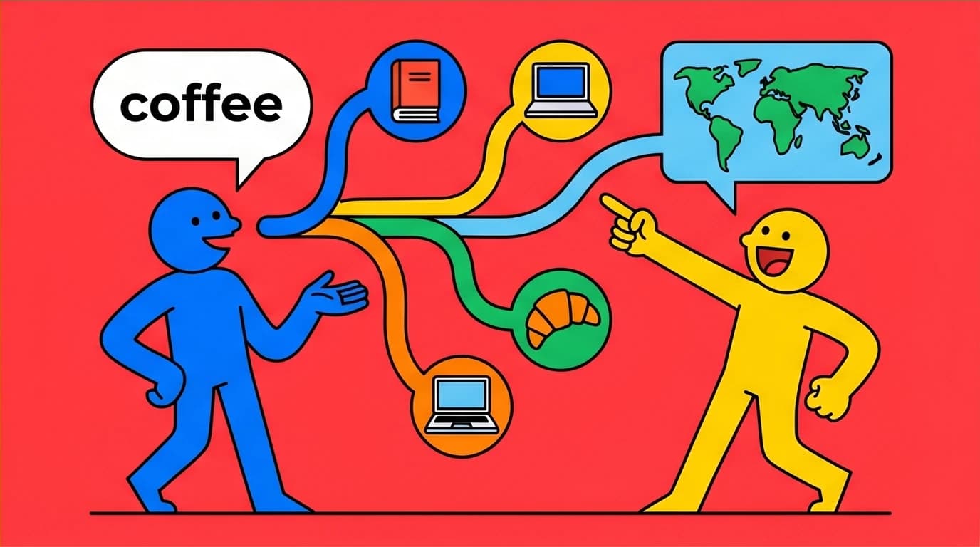 An illustration showing the keyword extension technique to branch a conversation from one word into many topics to avoid awkward silence with strangers.