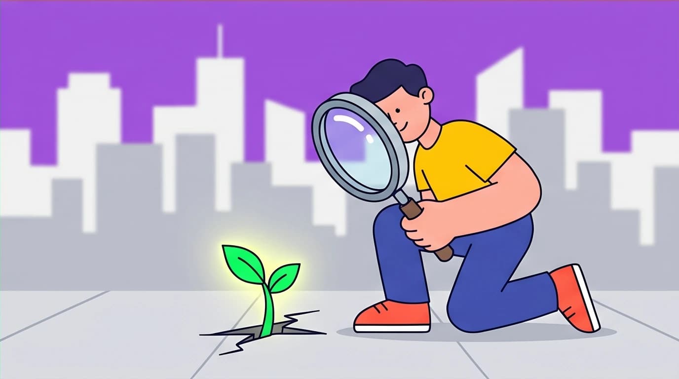 A character finding joy in a tiny glowing plant, illustrating how focusing on small actions helps to overcome low mood and life confusion.