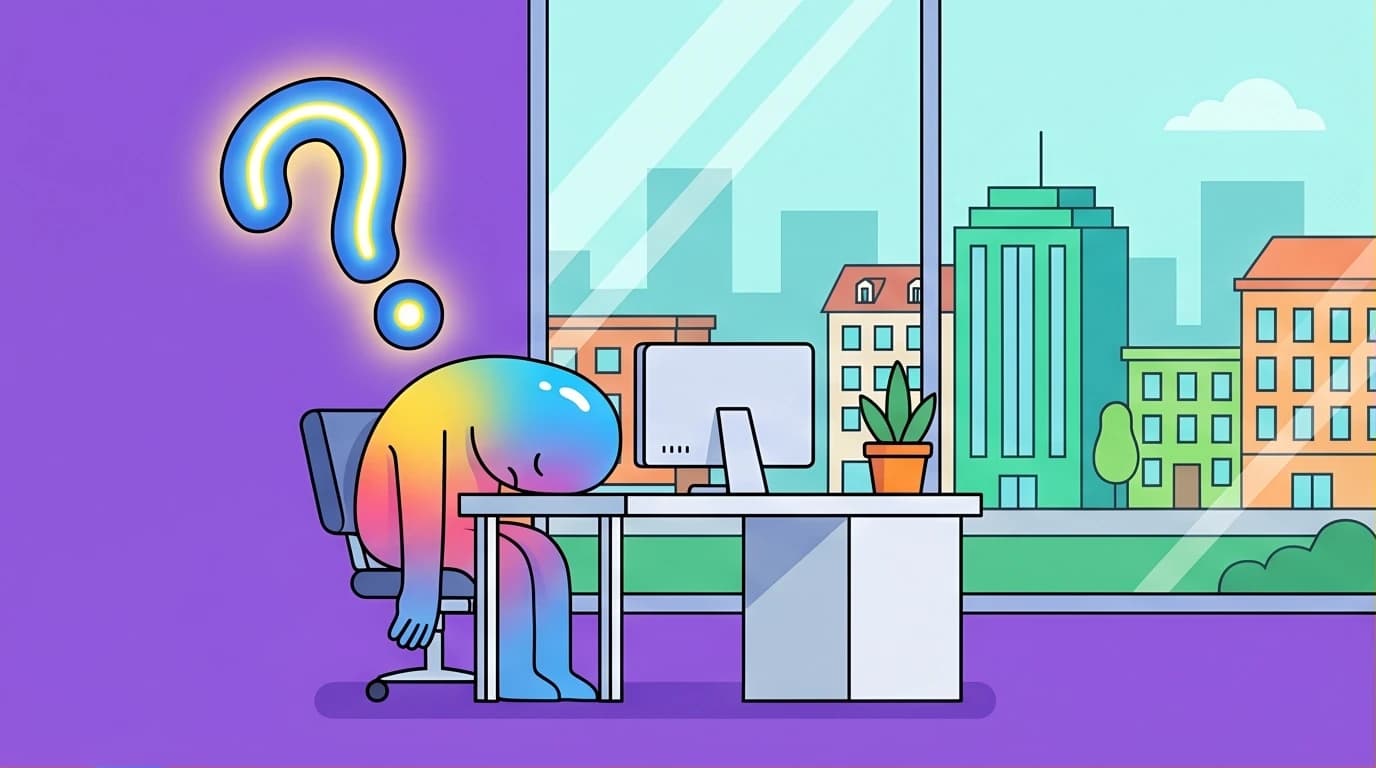 A person experiencing existential anxiety and searching for the meaning of life, depicted in a corporate Memphis style illustration of a pristine office setting.