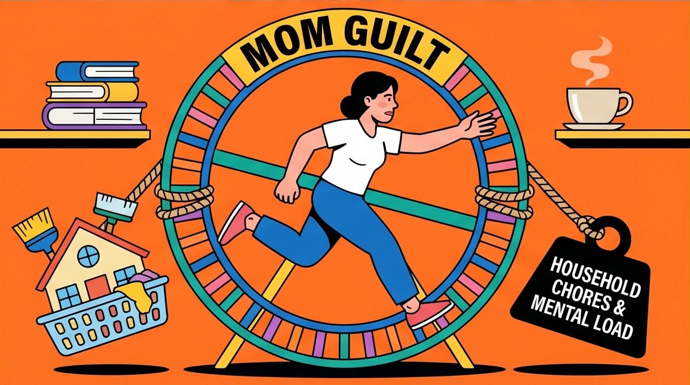 A visual metaphor of the mom guilt trap, showing a woman on a hamster wheel unable to reach her personal interests due to the weight of chores.