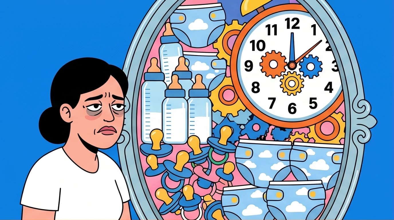 Illustration of a woman seeing her reflection as baby items, symbolizing the identity crisis after motherhood and the feeling of losing yourself.