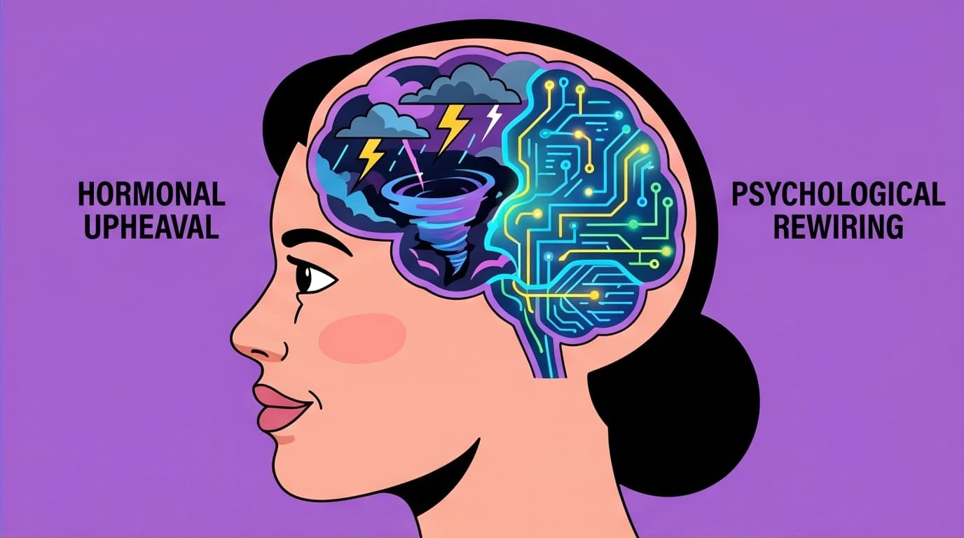 A graphic showing the psychological shift of matrescence, with a woman's brain rewiring during the transition to motherhood.