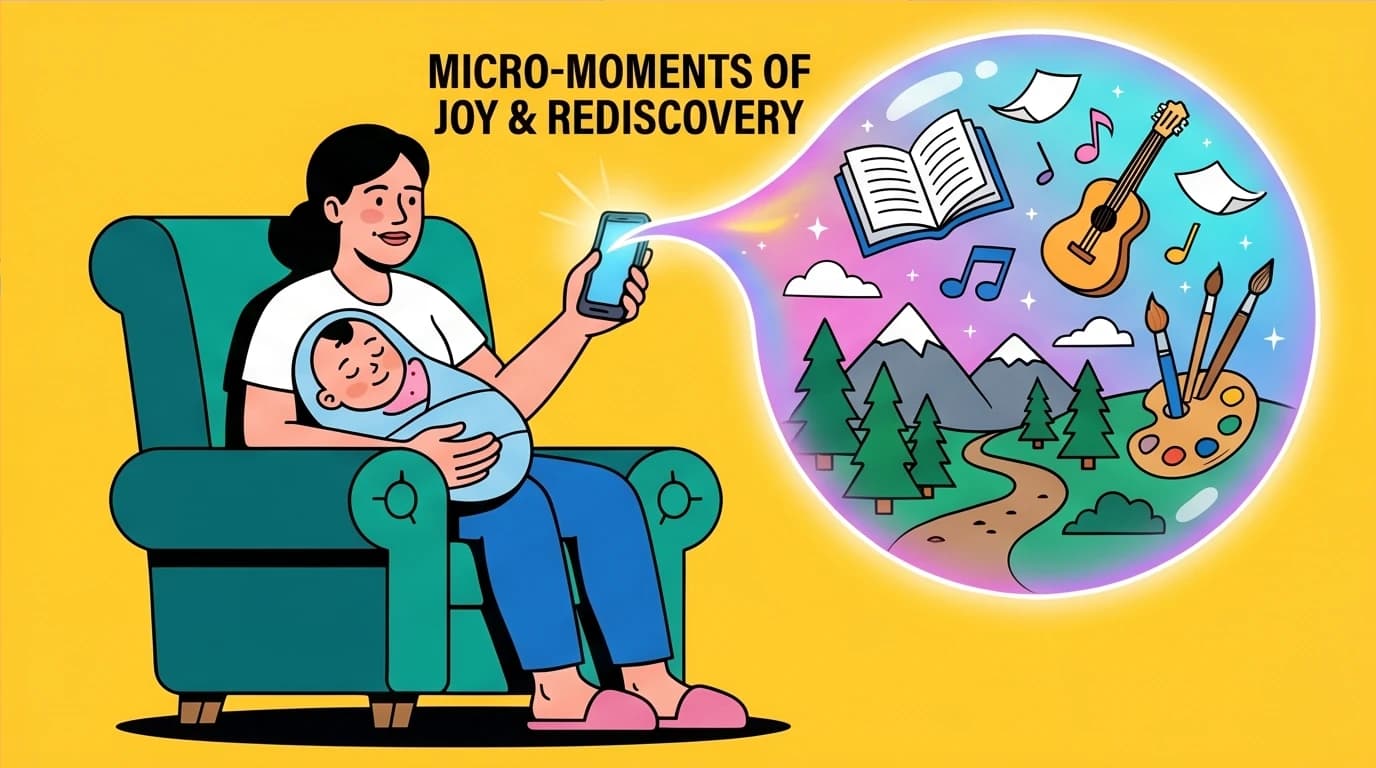 A mother using her phone to access hobbies in a micro-moment while her baby sleeps, showing a strategy for finding yourself after motherhood.