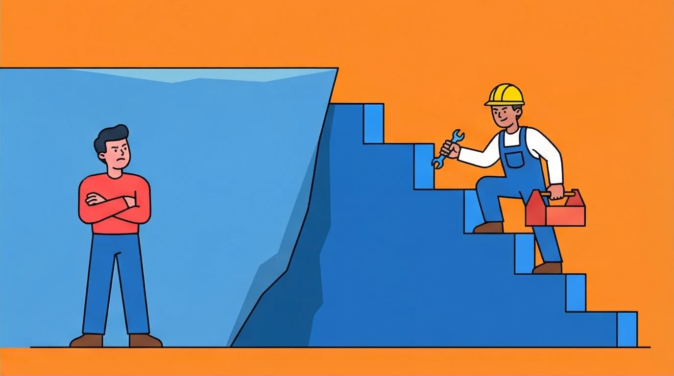 A character with a growth mindset builds a staircase up a cliff, while a fixed mindset character gives up, illustrating the core difference.