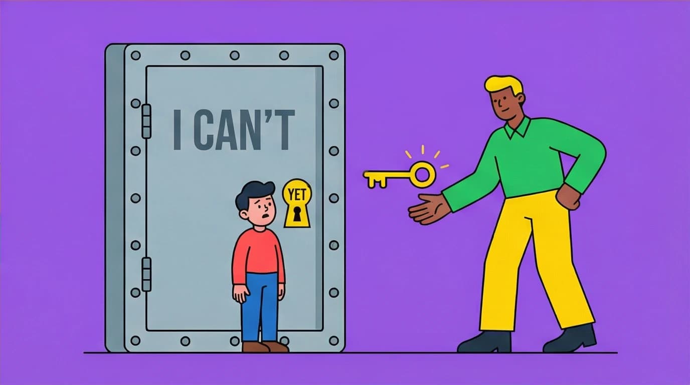 A leader gives a key labeled 'YET' to an employee facing a locked door labeled 'I CAN'T,' showing how to foster a growth mindset.