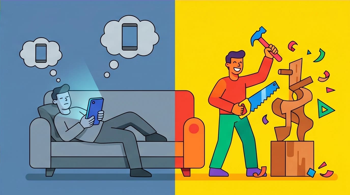 A comparison between passive leisure (scrolling on a phone) and active leisure (creative hobbies) which leads to a true optimal experience, as described in the book Flow.