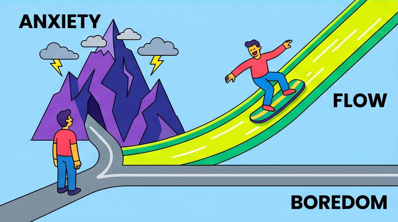 A diagram showing the balance between challenge and skill needed to enter the Flow state, avoiding anxiety and boredom, a core principle from the book Flow for optimal experience.