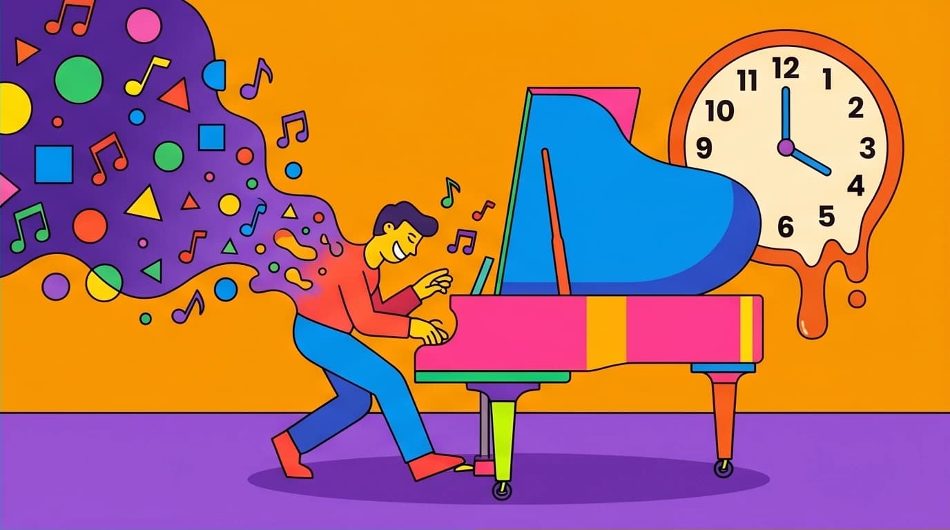 A visual metaphor for the Flow state where a person is so absorbed in an activity that they lose track of time, a key concept for achieving optimal experience and deep concentration.