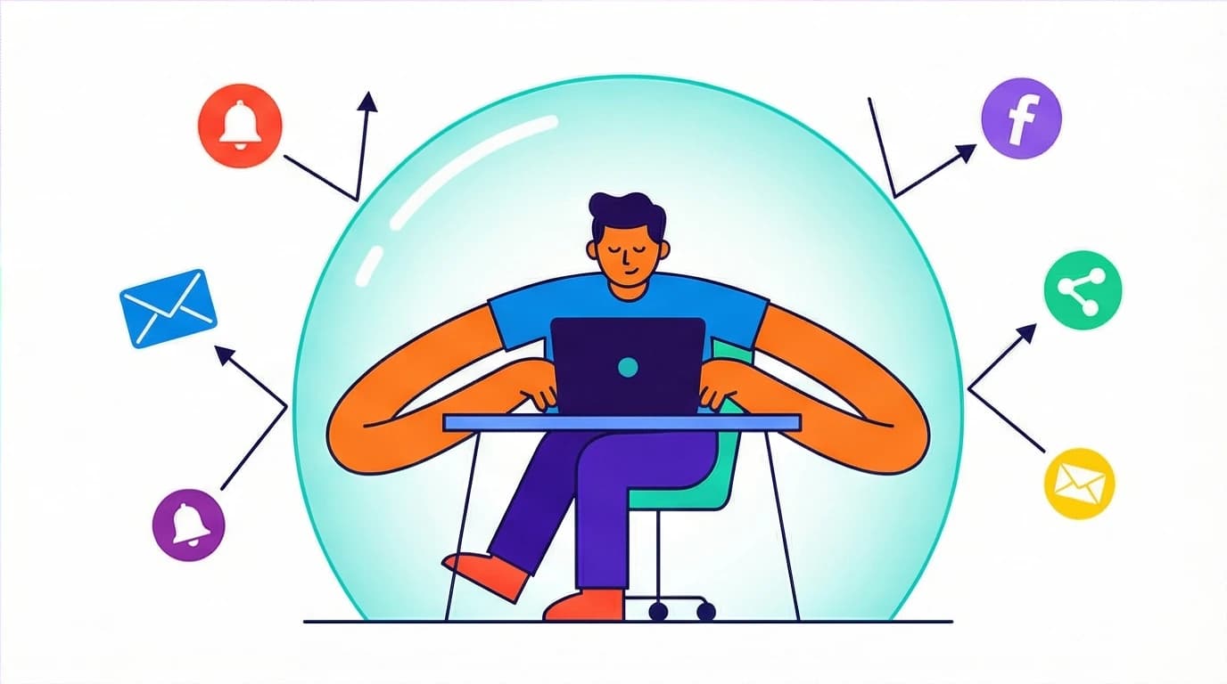 A person works inside a protective bubble, blocking out digital distractions to engineer a flow state, a key concept in flow state psychology.