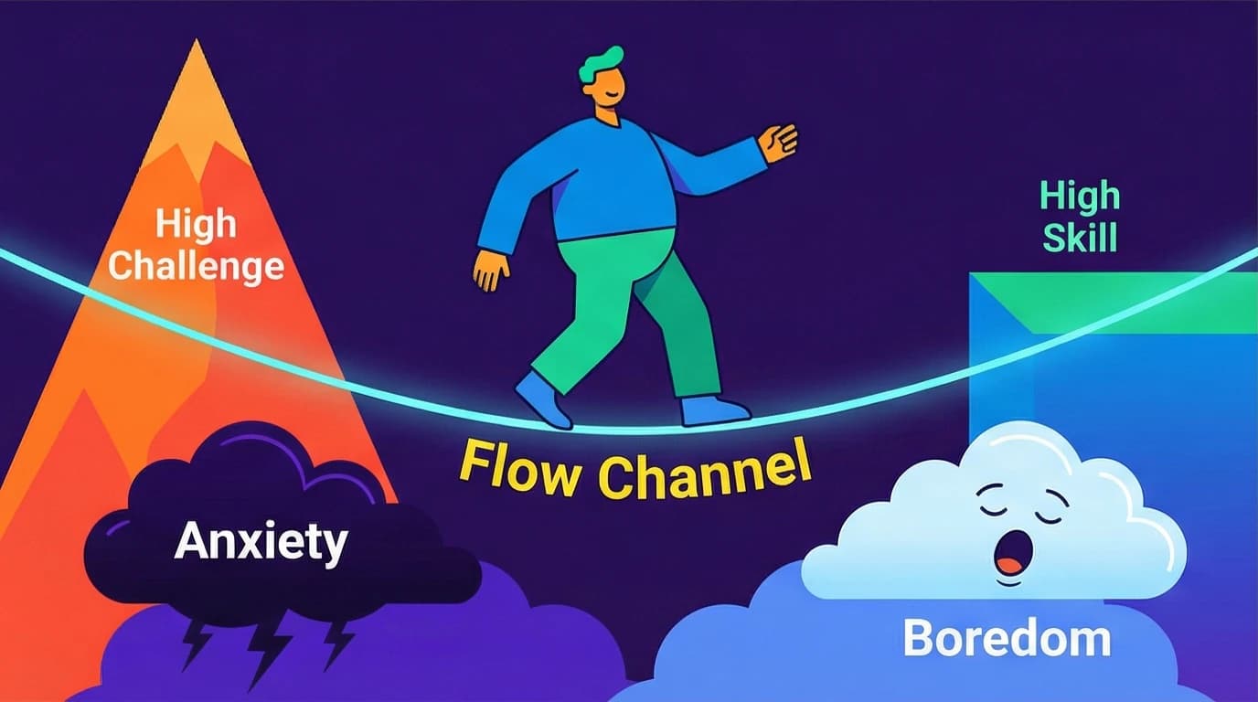 An illustration of the flow channel, where a person balances high skill and high challenge to achieve an optimal experience and avoid anxiety or boredom.