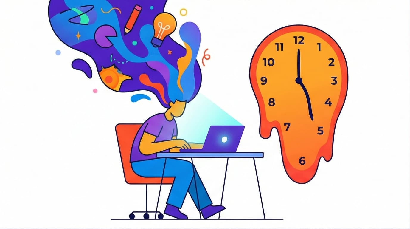 An illustration of a person in a deep flow state, with creative ideas flowing and a clock melting, representing the psychology of optimal experience.
