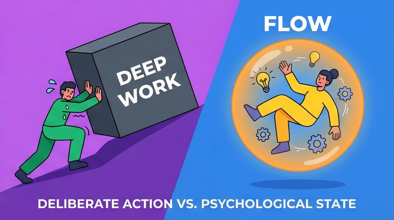 A visual comparison of deep work as a difficult action versus the flow state as an effortless state of mind, highlighting their core differences.