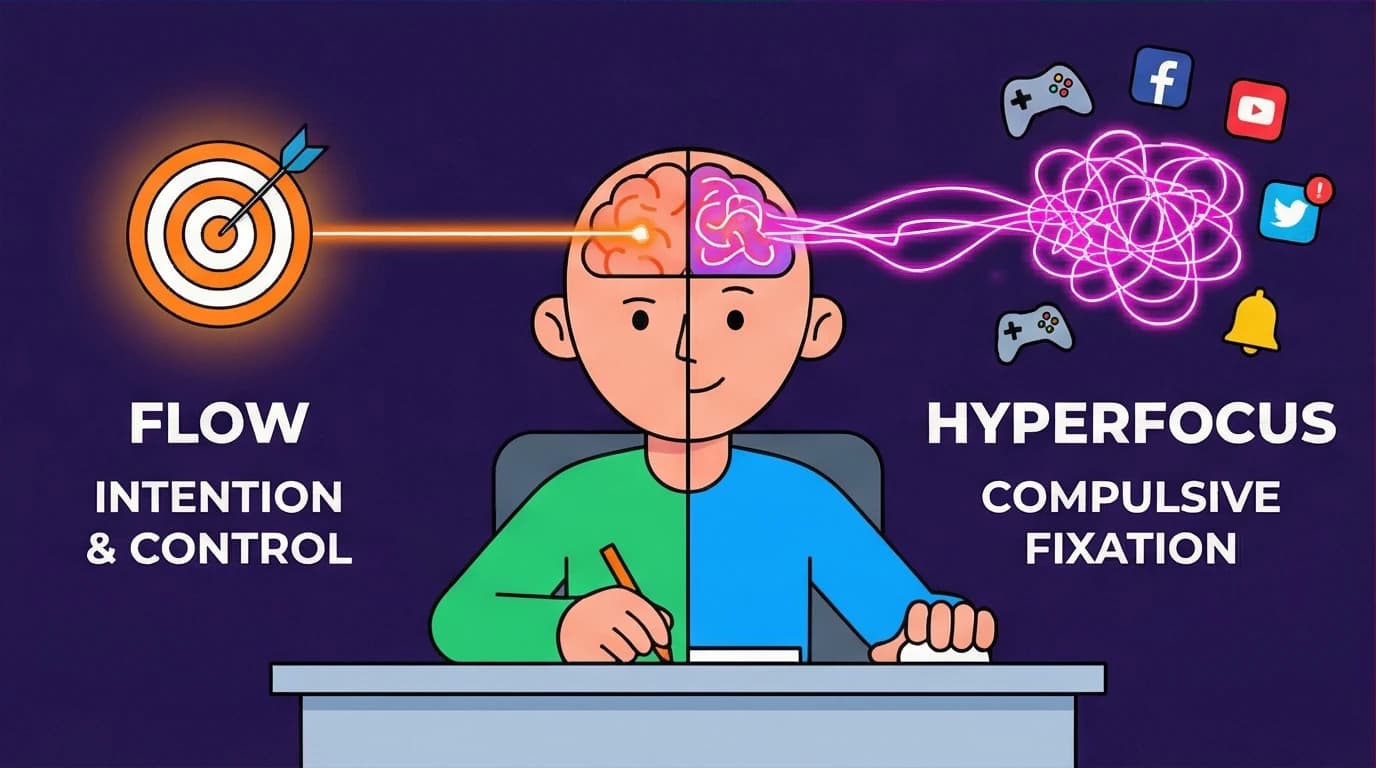 An illustration contrasting the intentional, controlled focus of a flow state with the chaotic, compulsive fixation of hyperfocus.