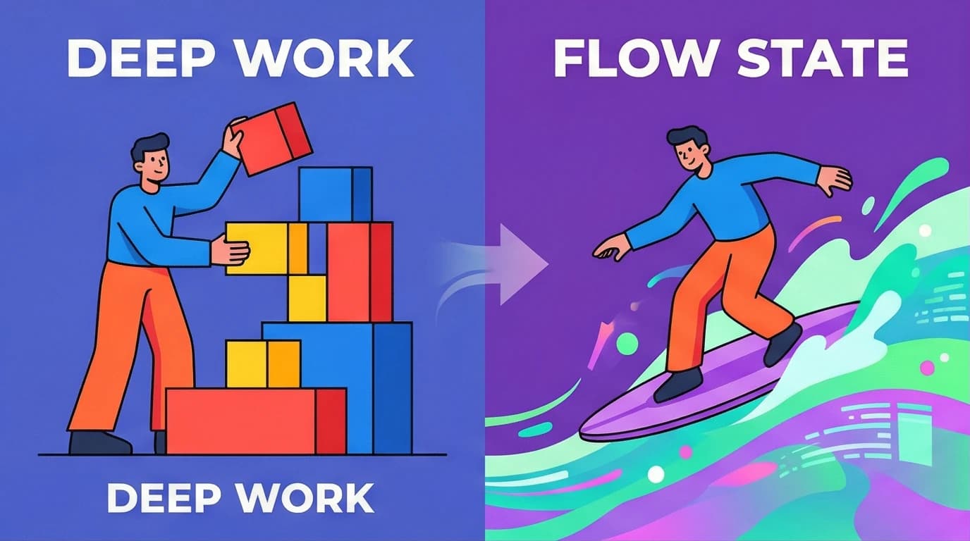 Illustration showing that structured deep work is the framework that leads to an effortless flow state for achieving peak focus and productivity.