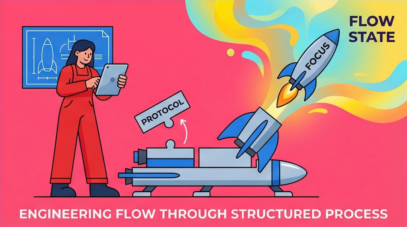 A visual of the step-by-step protocol for using deep work to build a launchpad for focus, successfully triggering a productive flow state.