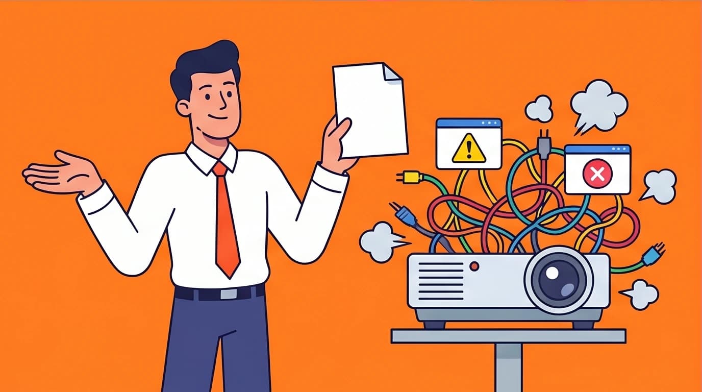 A presenter stays calm next to an exploded projector, showing how to handle technical issues during a speech with witty quotes.