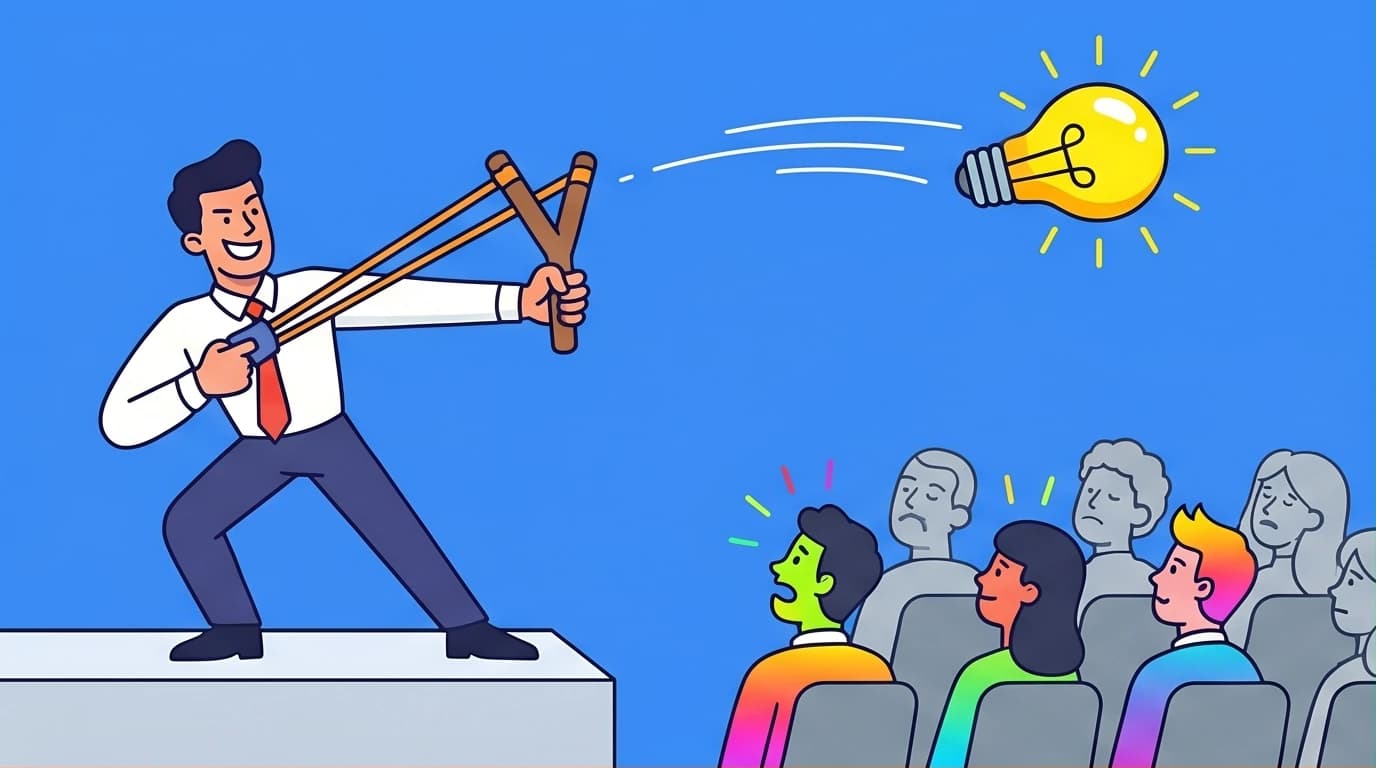 A charismatic speaker using a giant slingshot to launch a lightbulb idea, representing how funny presentation quotes can grab audience attention.
