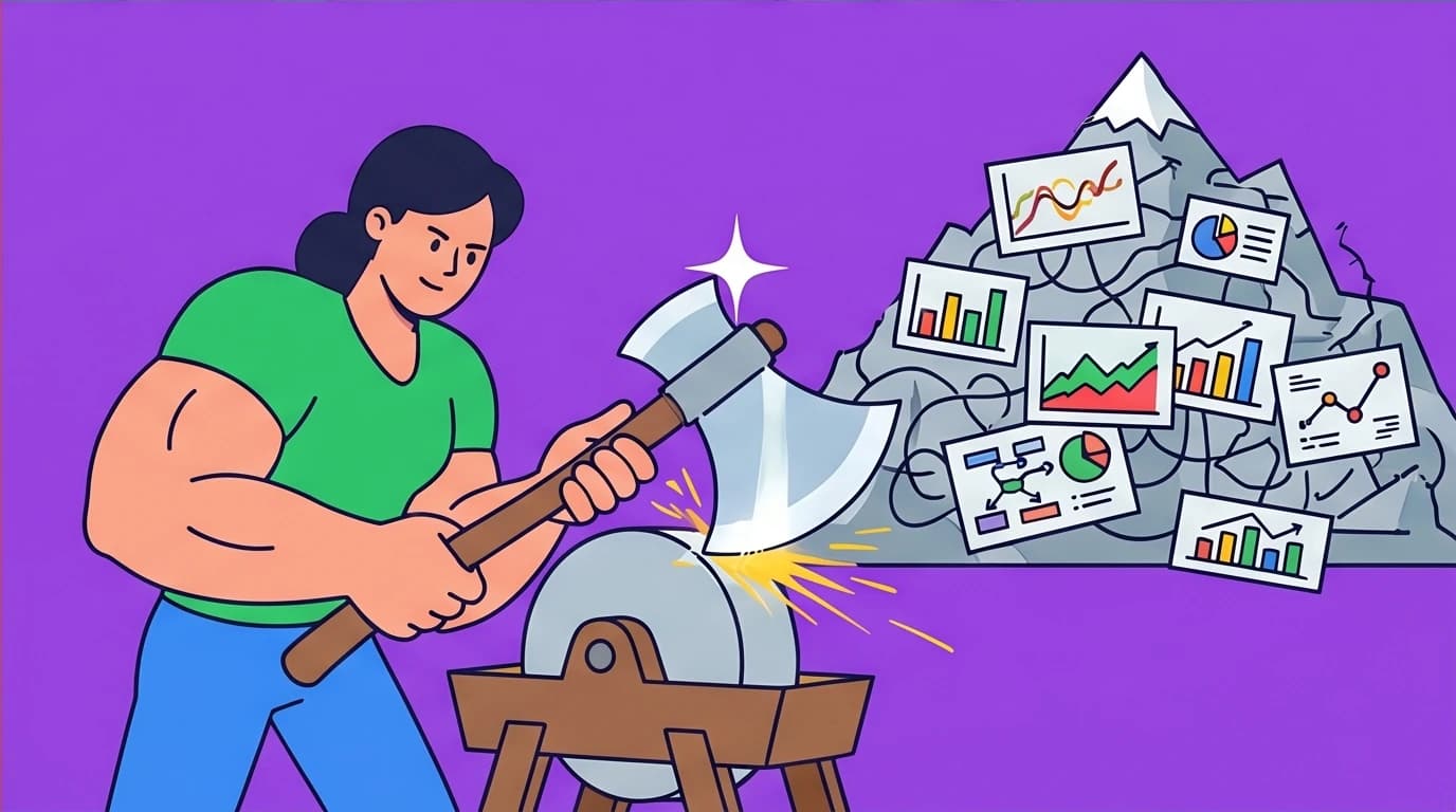 A person sharpens a giant axe before tackling a mountain of charts, a metaphor for using quotes to prepare for complex presentation topics.