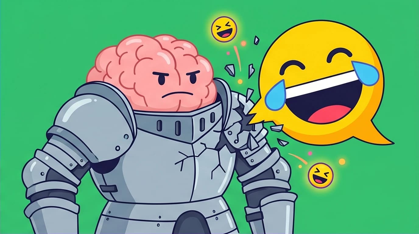 Illustration of a laughing emoji breaking through a brain's armor, symbolizing how humor in public speaking breaks an audience's defense.