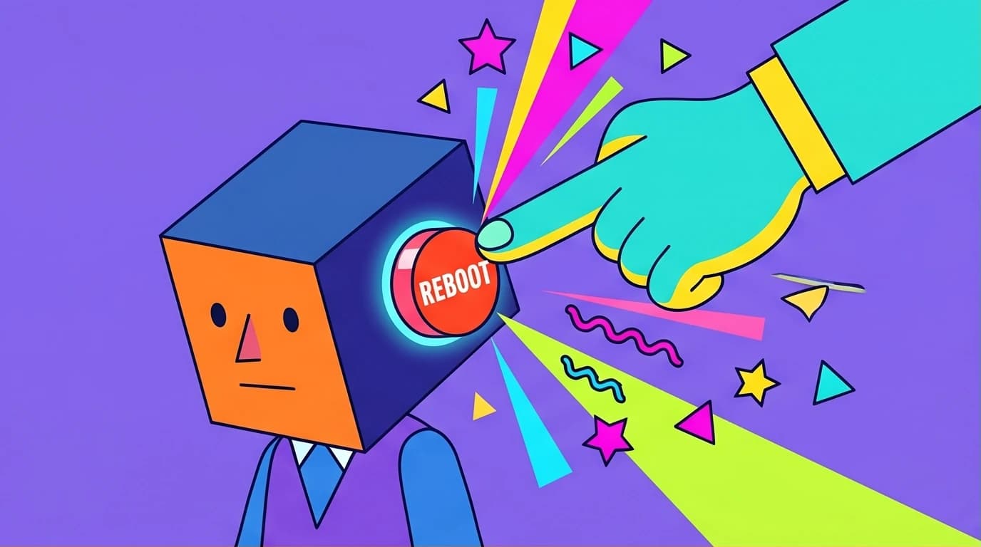 Illustration of a person's head being rebooted to break inertial thinking, symbolizing the power of counter-intuitive quotes for a fresh mindset.
