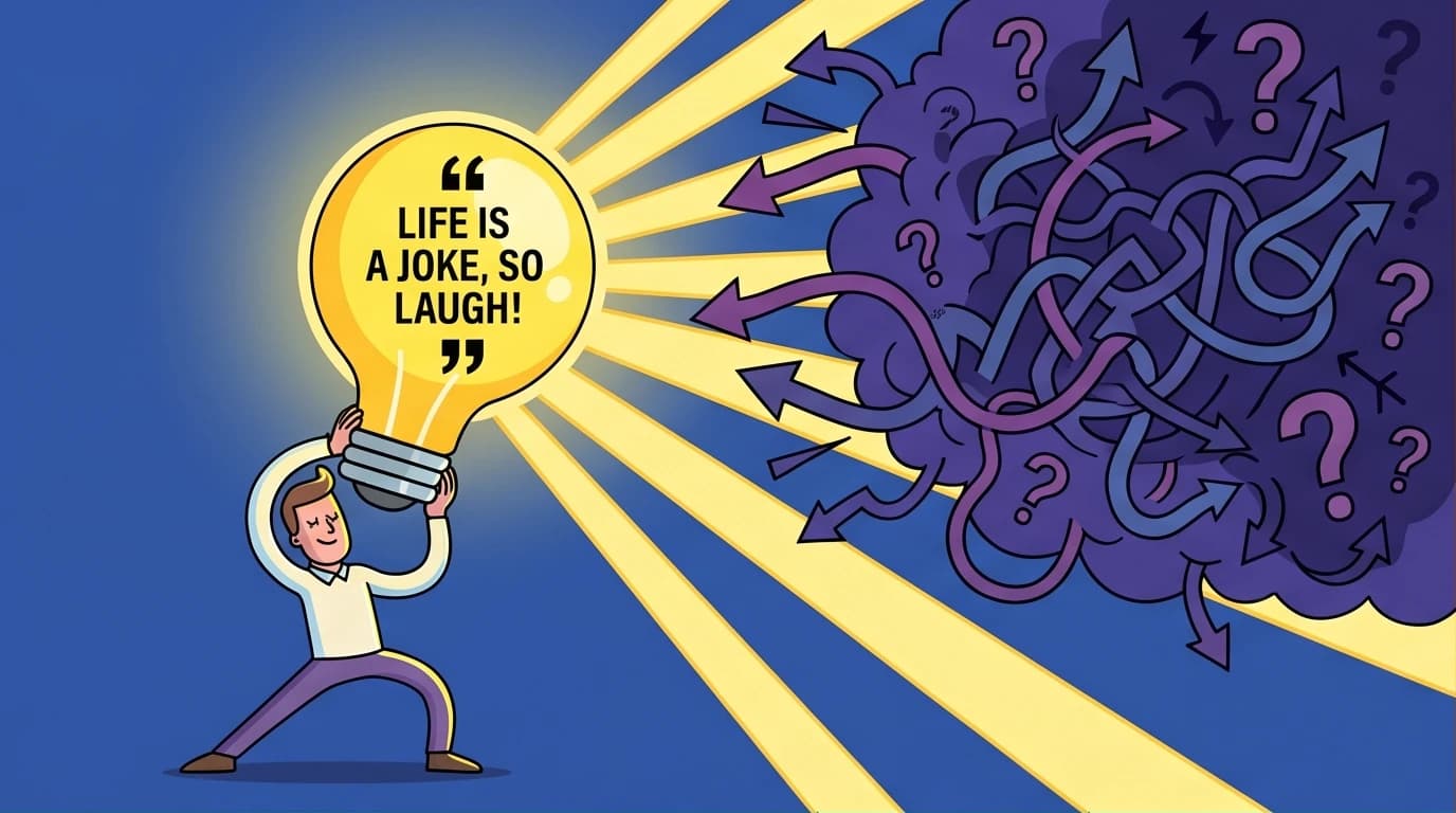 Illustration showing how humorous quotes provide wisdom and clarity, pushing back life's chaos. A concept for gaining life philosophy through humor.