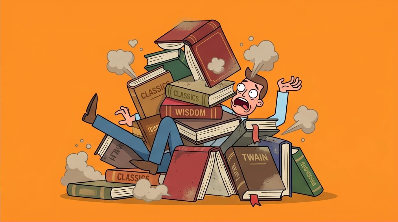 A visual metaphor for Mark Twain's quote on classic books, showing a person overwhelmed by unread books, representing intellectual vanity and reading habits.