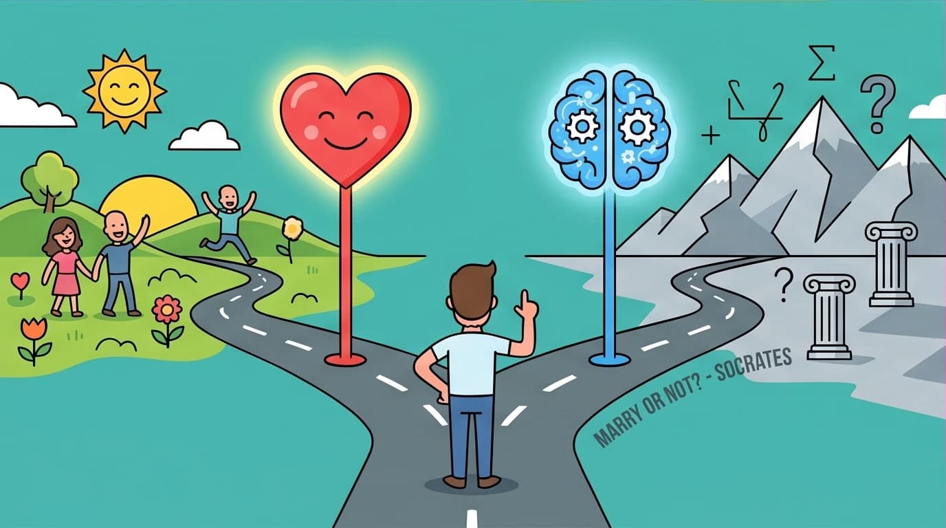 An illustration of Socrates' humorous quote on marriage, showing two paths leading to either happiness or philosophy, a core concept of life's wisdom.