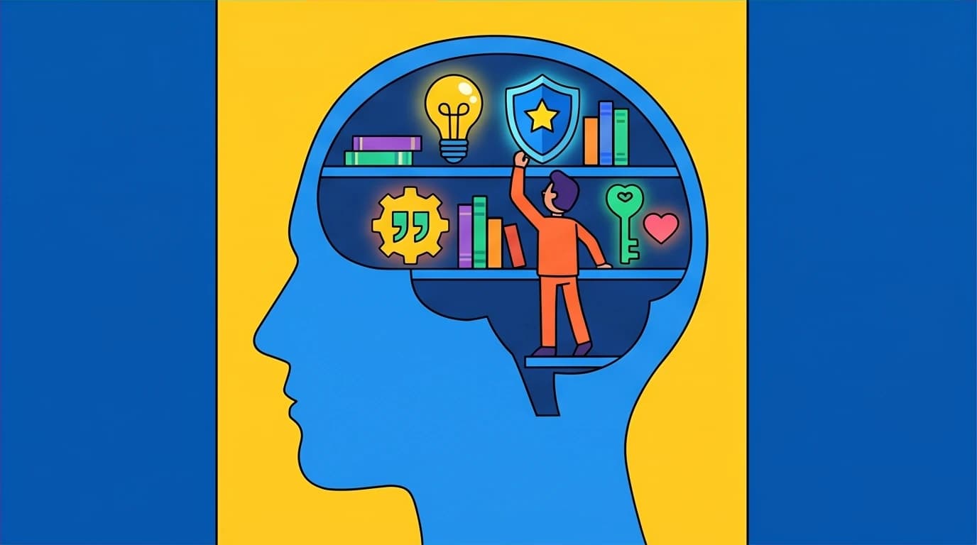 A person organizing famous quotes as mental tools inside their head, illustrating how to use classic wisdom in daily life.