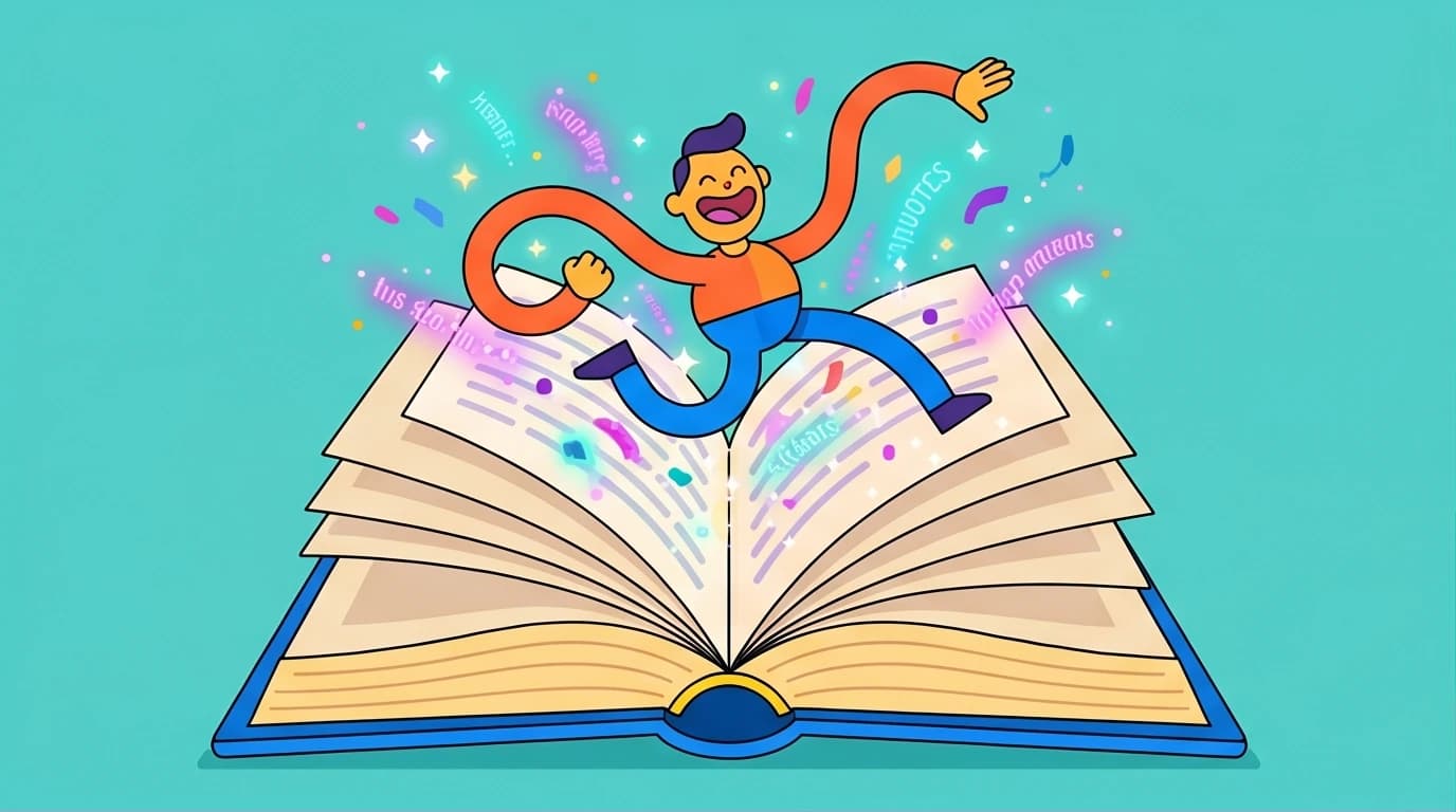 An illustration of a character joyfully discovering the essence of classic books through humorous and interesting quotes from famous authors.