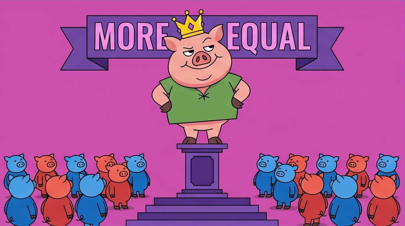 An allegorical illustration inspired by a classic book quote, showing a pig being 'more equal' than other animals to represent political satire.